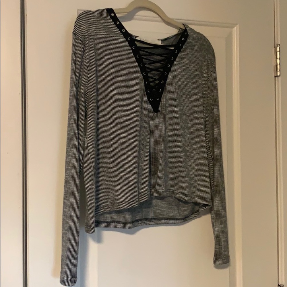 Vintage Havana Striped Vneck Cross String Shirt